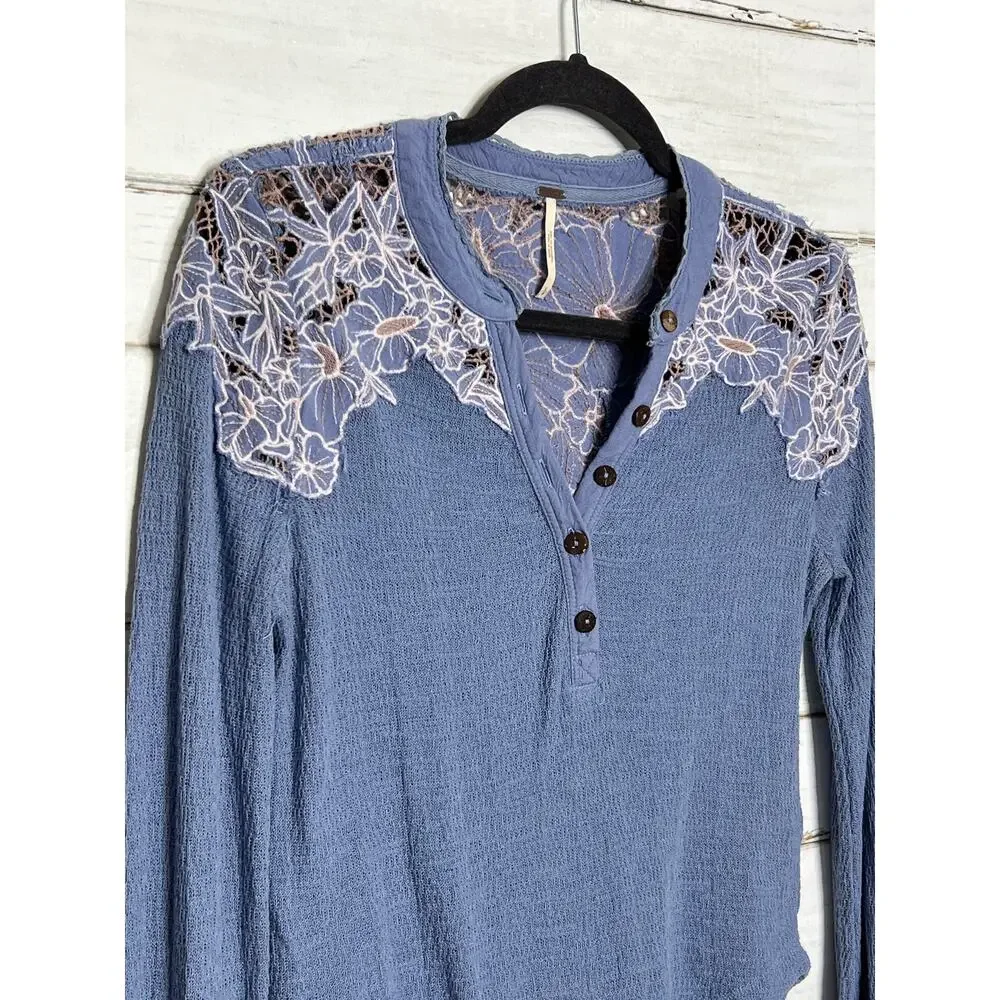 Free People Easy Breezy Blue Thermal Henley Top Small Long Sleeve Boho Shirt